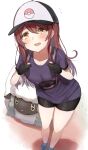  1girl backpack bag baseball_cap bike_shorts black_gloves blue_socks blush breasts brown_hair cleavage collarbone debi_tarou flying_sweatdrops from_above gloves hair_between_eyes hat highres holding idolmaster idolmaster_shiny_colors long_hair looking_at_viewer medium_breasts open_mouth osaki_tenka partially_fingerless_gloves pokemon purple_shirt shirt shoes simple_background sneakers socks solo tears wanimaru wince wooloo yellow_eyes 