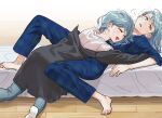  2girls aqua_hair bang_dream! barefoot black_jacket blue_pajamas blue_pants blush closed_eyes commentary green_eyes highres hikawa_hina hikawa_sayo hug jacket long_hair multiple_girls on_bed open_mouth pajamas pants parted_lips shirt short_hair short_sleeves siblings smile socks teeth twins upper_teeth_only white_shirt white_socks zihacheol 