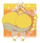  absurd_res antennae_(anatomy) anthro big_breasts bottomwear breasts cleavage clothed clothing dewy-eyedboy female hi_res huge_breasts hyper hyper_breasts open_mouth pants shirt solo standing star tail topwear unknown_character unknown_species yellow_body yellow_eyes 
