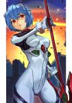  1girl ayanami_rei blue_hair bodysuit breasts cowboy_shot explosion expressionless holding holding_polearm holding_weapon hungry_clicker interface_headset lance medium_breasts neon_genesis_evangelion outdoors pilot_suit plugsuit polearm rebuild_of_evangelion red_eyes short_hair solo spear_of_cassius weapon white_bodysuit 