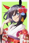  1girl animal_ears black_hair closed_mouth eishin_flash_(umamusume) floral_print flower furisode hair_flower hair_ornament hand_up highres horse_ears japanese_clothes kimono long_sleeves looking_at_viewer new_year obi sash short_hair smile solo takase_hiro tassel tassel_hair_ornament umamusume upper_body white_kimono 