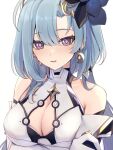  1girl absurdres bare_shoulders blue_hair breasts cleavage cleavage_cutout clothing_cutout commentary commentary_request crescent crescent_earrings crossed_arms earrings gloves griseo hair_between_eyes hair_ornament highres honkai_(series) honkai_impact_3rd jewelry long_hair looking_at_viewer medium_breasts parted_lips purple_eyes simple_background smile solo upper_body ura_(hamburg_oniku) white_background white_gloves 