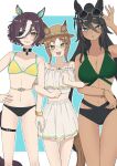  3girls :o adjusting_eyewear animal_ears arm_up bare_shoulders bikini black_hair blush bracelet breasts brown_hair cleavage clenched_hands closed_mouth collar dark-skinned_female dark_skin ears_through_headwear eyepatch eyewear_on_head feet_out_of_frame fine_motion_(umamusume) green_eyes hand_on_own_hip hat highres horse_ears horse_girl horse_tail jewelry large_breasts locked_arms long_hair looking_at_viewer mismatched_bikini multicolored_hair multiple_girls navel necklace open_mouth ponytail shirt short_hair skirt small_breasts smile standing streaked_hair sunglasses swimsuit symboli_kris_s_(umamusume) tail tanino_gimlet_(umamusume) thigh_strap uida_(vodka_0404_) umamusume white_shirt white_skirt wristband 