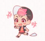  +++ 1boy brown_hair brown_shorts chibi commentary dotted_background full_body hat holding holding_poke_ball jacket legs_apart male_focus multicolored_hair open_clothes open_jacket pink_hair poke_ball poke_ball_(basic) pokemon pokemon_(anime) pokemon_sv_(anime) roy_(pokemon) shi_mohaji shirt shoes short_hair shorts signature solo symbol-only_commentary two-tone_hair 
