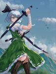  1girl absurdres bandaged_arm bandages bird black_hairband brown_footwear closed_mouth cloud commentary green_eyes green_skirt green_vest grey_hair hairband highres holding holding_sword holding_weapon konpaku_youmu looking_at_viewer multiple_swords ourie outdoors shirt short_hair short_sleeves signature skirt sky solo sword touhou vest weapon white_shirt 
