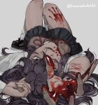  1girl artist_name black_skirt blood blood_on_clothes blood_on_face blood_on_hands bloody_handprints doki_doki_literature_club english_commentary fangs grey_background hair_between_eyes highres knees_up long_hair long_sleeves looking_at_viewer lying muted_color neck_ribbon on_back open_mouth pleated_skirt purple_eyes purple_hair rayne_(bananabedside) reaching reaching_towards_viewer red_ribbon ribbon school_uniform self_harm shirt simple_background skirt sleeve_rolled_up smile socks solo twitter_username very_long_hair vest white_shirt white_socks wrist_cutting yuri_(doki_doki_literature_club) 