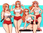  1girl artist_name blush blushyspicy breasts cleavage commentary english_commentary exercise green_eyes highres lips long_hair looking_at_viewer medium_breasts multiple_views navel nose_blush open_mouth orange_hair original red_(blushy-pixy) red_shorts short_shorts shorts signature simple_background tank_top thighs weightlifting weights white_tank_top 