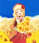  1girl :d absurdres alternate_hairstyle blonde_hair blue_sky blurry clear_sky cowboy_shot day depth_of_field dress emilico_(shadows_house) field flower flower_field hair_down hair_flower hair_ornament happy hat highres holding holding_flower kohori long_hair looking_at_viewer nature outdoors red_dress red_flower red_headwear red_rose rose shadows_house sidelocks sky smile solo sunflower yellow_flower 