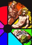  3boys abs arms_behind_back ass averting_eyes bara bare_pectorals blonde_hair boku_no_hero_academia bound bound_arms breast_bondage bulge caiman_(dorohedoro) clenched_teeth color_wheel_challenge colored_tips completely_nude cropped_legs crotch_bondage dorohedoro embarrassed facial_hair forked_eyebrows framed_crotch goatee_stubble green_scales highres japanese_clothes kimetsu_no_yaiba kimono knee_up large_pectorals lizardman looking_to_the_side lying male_focus mature_male medium_hair multicolored_hair multiple_boys multiple_drawing_challenge muscular muscular_male navel nipples nude on_stomach open_clothes open_kimono pectorals red_hair red_rope rengoku_shinjurou reptile_boy rope scar shaded_face shibari skinny smokerichi sparse_navel_hair spikes spread_legs stomach stubble tape tape_bondage teeth thick_eyebrows thighs unfinished yagi_toshinori 