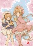  2girls ahoge boots brown_hair capelet cardcaptor_sakura cherry_blossoms closed_eyes dress dual_persona green_eyes highres kero kinomoto_sakura magical_girl mitsuki_(a_sakura_0602) multiple_girls pink_capelet pink_dress pink_footwear pink_headwear pleated_skirt school_uniform serafuku short_hair skirt thigh_boots tomoeda_elementary_school_uniform twitter_username white_headwear white_skirt 