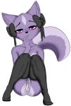 absurd_res aggretsuko anthro bottomless clothed clothing ear_bow female fluffy fluffy_tail fur genitals hi_res legwear looking_at_viewer mammal mephitid narrowed_eyes purple_body purple_fur pussy sanrio shikabane_(aggretsuko) simple_background skunk solo stockings tail theunnoticedone thigh_highs white_background 