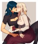  2girls blue_hair byleth_(female)_(fire_emblem) byleth_(fire_emblem) cake cake_slice casual cleavage_cutout closed_eyes clothing_cutout edelgard_von_hresvelg fire_emblem fire_emblem:_three_houses food frilled_sleeves frills grey_hair highres imminent_kiss long_hair long_skirt medium_hair multiple_girls plate radiostarkiller red_skirt sitting sitting_on_lap sitting_on_person skirt yuri 