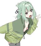  1boy absurdres androgynous black_thighhighs commentary_request green_hair green_jacket hair_intakes hand_up highres imamura_ryou jacket leaning_forward long_sleeves looking_at_viewer medium_hair open_clothes open_jacket open_mouth otoko_no_ko otori-tan pasties red_eyes seitokai_nimo_anawa_aru! simple_background sleeves_past_wrists solo thighhighs v white_background zipper_pull_tab 