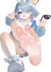  1girl absurdres arona_(blue_archive) barefoot blue_archive blue_eyes blue_hair blue_shirt blush choker colored_inner_hair dokomon eyes_visible_through_hair eyewear_removed feet foot_focus full_body halo highres holding holding_removed_eyewear long_sleeves looking_at_viewer multicolored_hair open_mouth pink_hair shirt shoes short_hair simple_background single_shoe skirt soles solo sunglasses toes w white_background white_choker white_footwear white_skirt 
