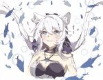  ahoge animal_ear_fluff animal_ears blue_eyes breasts cat_ears cat_girl cleavage collarbone ezsesp fish hair_between_eyes highres honkai_(series) honkai_impact_3rd kiana_kaslana kiana_kaslana_(herrscher_of_finality) long_hair looking_up medium_breasts official_alternate_costume simple_background smile upper_body white_background white_hair 