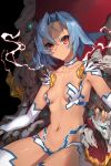  1girl absurdres blue_hair breasts cleavage collarbone dabingdan dark-skinned_female dark_skin electricity facial_mark highres looking_at_viewer navel rance_(series) rance_10 red_eyes short_hair silky_littleraisin sitting small_breasts solo throne 