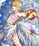  1boy absurdres angel angel_wings arm_tattoo bare_shoulders blonde_hair blue_eyes bracelet commentary digimon digimon_(creature) facial_tattoo feathered_wings hair_between_eyes head_wings highres holy_ring jewelry leg_tattoo looking_at_viewer lucemon male_focus multiple_wings open_mouth outstretched_arm say_(saynamari) short_hair signature solo tattoo teeth toga wings 