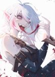  1girl :d antenna_hair arm_belt bare_shoulders belt black_belt blood blood_on_arm blood_on_face blood_on_hands blood_on_tongue blood_splatter breasts briar_(league_of_legends) colored_sclera detached_sleeves fingernails grey_eyes hair_between_eyes hand_up highres large_breasts league_of_legends long_hair looking_at_viewer medium_breasts multicolored_hair neorarty open_mouth pink_hair pointy_ears red_sclera sharp_fingernails sharp_teeth simple_background smile solo streaked_hair teeth tongue tongue_out two-tone_hair upper_body upper_teeth_only vampire white_background white_nails wrist_cuffs 
