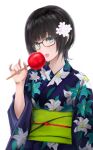  1girl akito1218 black_hair blue_eyes blue_kimono candy_apple floral_print flower food glasses hair_flower hair_ornament highres holding holding_food japanese_clothes kimono long_sleeves looking_at_viewer obi original sash short_hair simple_background solo tongue tongue_out upper_body white_background white_flower yukata 
