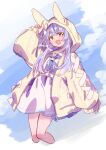  1girl animal_ears animal_hood blue_hair bow brown_eyes commentary cropped_legs dress gradient_hair hololive hood hooded_jacket jacket multicolored_hair open_mouth paru_rari rabbit_ears rabbit_hood short_dress sleeves_past_wrists smile solo twitter_username usada_pekora virtual_youtuber white_bow white_dress white_hair 