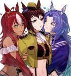  3girls ahoge animal_ears aoki_shizumi arm_hug ascot bare_shoulders black_shirt blue_jacket blush breast_pocket breasts brown_hair byerley_turk_(umamusume) cheek-to-cheek closed_mouth cropped_jacket dark-skinned_female dark_skin darley_arabian_(umamusume) ear_covers garrison_cap godolphin_barb_(umamusume) green_eyes hat heads_together heart highres horse_ears jacket long_hair long_sleeves looking_at_another midriff multiple_girls navel off-shoulder_shirt off_shoulder one_eye_closed open_clothes open_jacket open_mouth pocket red_eyes red_hair red_shirt scar scar_across_eye shirt simple_background small_breasts sweatdrop umamusume upper_body white_ascot white_background yellow_jacket yuri 