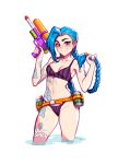  1girl arm_tattoo artist_name asymmetrical_bangs bare_arms bare_shoulders bikini blue_hair blush blushyspicy braid breasts can cleavage cloud_tattoo collarbone cropped_legs holding holding_water_gun jinx_(league_of_legends) league_of_legends leg_tattoo long_hair medium_breasts navel pink_eyes shoulder_tattoo smile solo stomach stomach_tattoo striped striped_bikini swimsuit tattoo twin_braids twintails wading water water_gun 