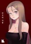  1girl absurdres bags_under_eyes bare_shoulders black_dress black_gloves breasts brown_hair cleavage dress elbow_gloves gloves han_jia highres jewelry large_breasts long_hair looking_at_viewer maybe_meant_to_be medium_breasts necklace red_background sinssa4 solo 