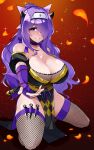  1girl absurdres arm_guards bare_shoulders breasts camilla_(fire_emblem) camilla_(ninja)_(fire_emblem) choker fingerless_gloves fire_emblem fire_emblem_fates fire_emblem_heroes fishnet_thighhighs fishnet_top fishnets forehead_protector gloves hair_over_one_eye highres kneeling kunai large_breasts looking_at_viewer official_alternate_costume official_alternate_hairstyle pelvic_curtain ponytail purple_choker purple_eyes purple_gloves purple_hair purple_nails purple_ribbon ribbon ribbon_choker short_hair smile solo tetsuji_(i_ttj_f_c) thighhighs very_short_hair weapon 