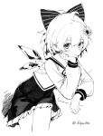  1girl blush bow cirno closed_mouth detached_wings fairy frilled_skirt frills greyscale hair_between_eyes hair_bow highres ice ice_wings long_sleeves monochrome short_hair simple_background siyumu skirt solo touhou twitter_username white_background wings 