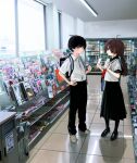  1boy 1girl ahoge backpack bad_id bad_twitter_id bag black_eyes black_footwear black_hair black_pants black_skirt blush brown_hair buying_condoms collared_shirt condom_box convenience_store full_body haru_(honnryou_hanaru) highres honnryou_hanaru indoors long_hair long_skirt looking_at_another magazine_(object) neckerchief nervous open_mouth original pants parted_lips red_neckerchief reflective_floor ruri_honjou sailor_collar school_bag school_uniform serafuku shirt shoes shop skirt sneakers sweat twintails white_shirt yellow_eyes 