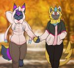  anthro biped black_body black_fur blush clothed clothing duo eeveelution female front_view fur generation_2_pokemon generation_7_pokemon hand_holding hi_res hoodie legendary_pokemon nicopossum nintendo pokemon pokemon_(species) topwear umbreon yellow_body yellow_fur zeraora 