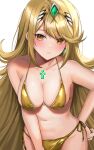  1girl absurdres asada_sadao bikini blonde_hair blush breasts chest_jewel cleavage closed_mouth collarbone commentary_request earrings gold_bikini gold_hairband hairband hand_on_own_hip highres jewelry long_hair looking_at_viewer medium_breasts mythra_(xenoblade) navel side-tie_bikini_bottom solo stomach swimsuit tiara very_long_hair xenoblade_chronicles_(series) xenoblade_chronicles_2 yellow_eyes 