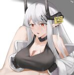  1boy 1girl arknights bare_shoulders black_gloves black_sports_bra breasts censored cleavage collar collarbone cum cum_on_hair earrings english_text eroborne facial gloves grey_hair heart heart-shaped_pupils hetero highres infection_monitor_(arknights) jewelry large_breasts long_hair long_sleeves mosaic_censoring mudrock_(arknights) note off_shoulder open_mouth paizuri paizuri_under_clothes penis pointy_ears red_eyes saliva solo_focus sports_bra symbol-shaped_pupils upper_body very_long_hair 