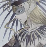  1boy arm_tattoo aztec blonde_hair blue_eyes braid facepaint fate/grand_order fate_(series) gold_necklace hair_ornament headdress highres jewelry long_hair looking_at_viewer male_focus necklace profile shoulder_tattoo simple_background skull skull_hair_ornament smile solo tattoo tezcatlipoca_(fate) tezcatlipoca_(third_ascension)_(fate) traditional_clothes twin_braids upper_body white_background yutsuki_(pixiv40202660) 