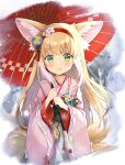  1girl animal_ear_fluff animal_ears apron arknights artist_name blonde_hair blush chinese_knot closed_mouth coin_purse commentary_request dated flower fox_ears fox_girl fox_tail frilled_apron frills green_eyes hair_flower hair_ornament hairband holding holding_umbrella japanese_clothes kimono kitsune kyuubi long_hair long_sleeves looking_at_viewer multicolored_hair multiple_tails nitou_akane obi official_alternate_costume oil-paper_umbrella pink_kimono pinwheel red_hairband red_umbrella sash solo straight-on suzuran_(arknights) suzuran_(yukibare)_(arknights) tail tassel two-tone_hair umbrella waist_apron white_apron white_hair wide_sleeves yagasuri 