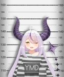  1girl demon_girl demon_horns demon_tail highres hololive horns la+_darknesss prison_clothes tail virtual_youtuber 