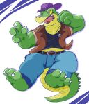  2023 3_toes 4_fingers alligator alligatorid anthro biped bottomwear brok_(character) brok_the_investigator clothing crocodilian di_gu_ru feet fingers green_body hat headgear headwear hi_res humanoid_hands kemono pants reptile scalie shirt solo toes topwear 