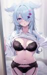  1girl ahoge alternate_costume aqua_eyes blue_hair blush borrowed_clothes breasts cleavage clothes_lift cowboy_shot deyui elira_pendora garter_straps hair_intakes hair_over_one_eye head_wings highres large_breasts lingerie long_hair looking_at_viewer nijisanji nijisanji_en open_mouth panties shirt shirt_lift solo straight-on sweat thigh_gap underwear virtual_youtuber white_shirt wings 