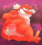  2023 after_anal after_sex amphibia_(series) amphibian anthro balls bodily_fluids butt cum cum_inside detailed_background disney erection frog genital_fluids genitals haxsmack hi_res hop_pop male moobs nipples penis penis_tuck red_body slightly_chubby solo 