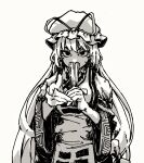  commentary dress english_commentary greyscale hat hat_ribbon hayoibu highres i_want_you long_hair long_sleeves looking_at_viewer mob_cap monochrome poster_parody ribbon simple_background tabard touhou upper_body yakumo_yukari 