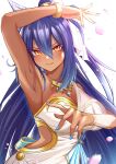  1girl absurdres animal_ears arm_up armpits bare_shoulders black_hair blue_nails blush breasts cherry_blossoms cleavage commentary_request dark-skinned_female dark_skin dress ear_covers eve_on_k falling_petals gem gold_bracelet gold_necklace hair_between_eyes highres hishi_amazon_(hungry_veil)_(umamusume) hishi_amazon_(umamusume) horse_ears horse_girl jewelry long_hair medium_breasts necklace nontraditional_wedding_dress official_alternate_costume petals ponytail red_eyes smile solo umamusume upper_body very_long_hair wedding_dress white_dress 