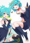  2girls absurdres bird_legs black_feathers black_thighhighs black_wings blue_hair blush breasts claws colored_inner_hair english_commentary fang feathered_wings feathers green_hair harpy highres hzhc indie_virtual_youtuber lincoro looking_at_viewer monster_girl multicolored_hair multiple_girls navel open_mouth pointy_ears red_eyes second-party_source short_hair short_twintails simple_background skin_fang small_breasts stuffed_animal stuffed_toy talons thighhighs tiara twintails virtual_youtuber white_background winged_arms wings 