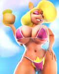  3d_(artwork) 4:5 activision anthro areola areola_slip bandicoot big_breasts bikini blonde_hair breasts camel_toe clothing cloud container crash_bandicoot_(series) cup digital_media_(artwork) drinking_straw eyes_closed female hair hand_on_leg hand_on_thigh hi_res holding_object huge_breasts makeup mammal marsupial midriff multicolored_body navel open_mouth open_smile outside pubes sala3dart side-tie_bikini sky smile solo standing string_bikini swimwear tawna_bandicoot 