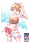  1girl :d absurdres arm_tattoo bare_arms bare_shoulders blonde_hair bow breasts chest_tattoo cleavage collarbone commentary cowboy_shot genshin_impact highres looking_at_viewer medium_breasts midriff navel open_mouth red_bow sarong short_hair smile solo standing stomach strapless syxh tattoo thigh_strap thighs tube_top yellow_eyes yoimiya_(genshin_impact) 