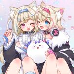  2girls :3 animal_ear_fluff animal_ears belt_collar black_collar black_jacket blue_nails blush breasts cleavage_cutout clothing_cutout collar cropped_jacket dog_ears dog_girl fake_claws fur-trimmed_jacket fur_trim fuwawa_abyssgard hair_ornament hairpin headphones headphones_around_neck highres hololive hololive_english jacket large_breasts long_hair looking_at_another medium_hair mococo_abyssgard multiple_girls nail_polish one_eye_closed open_mouth perroccino_(fuwamoco) pink_nails rabio_(labi555) siblings sisters small_breasts smile spiked_collar spikes twins virtual_youtuber x_hair_ornament 