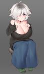  1girl ahoge ajidot bare_shoulders black_sweater blue_skirt bra_strap breasts cleavage commentary_request green_socks grey_background grey_hair hair_over_one_eye highres huge_breasts last_origin long_skirt long_sleeves looking_at_viewer muse_(last_origin) off-shoulder_sweater off_shoulder purple_eyes short_hair simple_background sitting skirt sleeves_past_wrists socks solo sweater 