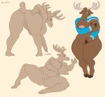  2021 2_toes 3_fingers anthro antlers areola belly bent_over big_belly big_breasts black_eyes blue_clothing blue_sweater blue_topwear blush bottomless breast_play breasts brown_body brown_fur butt butt_from_the_front capreoline clothed clothing deer eyelashes feet female fingers fur genitals gerry_(mcdoogiy) goolee hand_on_breast hi_res hooves horn huge_breasts ineffective_clothing lying mammal moose navel nipples on_back overweight overweight_female pink_areola pink_nipples pussy scut_tail short_tail signature solo standing sweater tail thick_thighs toes topwear wide_hips 