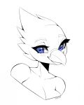  2023 anthro avian beak bird blue_eyes blush breasts bust_portrait digital_media_(artwork) eyebrows eyelashes facial_blush feathers female hi_res looking_at_viewer mayrin_(artist) non-mammal_breasts nude portrait simple_background solo spot_color white_background 