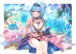  1girl alternate_costume armlet bare_shoulders black_hairband blue_choker blue_hair blush bracelet breasts choker closed_mouth collarbone commentary english_commentary eula_(genshin_impact) genshin_impact hair_ornament hairband heart highres jewelry large_breasts looking_at_viewer medium_hair navel outdoors saylamars sitting slime_(genshin_impact) smile swimsuit thighs water yellow_eyes 
