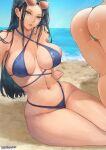  2girls arm_support artist_name ass beach beta_hime bikini black_hair blue_bikini blue_eyes blue_sky breasts breasts_apart collarbone day eyewear_on_head highleg highleg_bikini highres large_breasts long_hair looking_at_viewer multiple_girls nami_(one_piece) navel nico_robin ocean one_piece parted_lips sitting sky solo_focus sunglasses swimsuit 